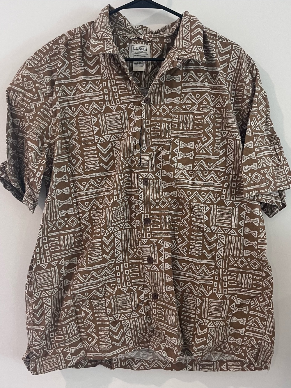 L.L. Bean Brown Geometric Tiki Short-Sleeve Men's Shirt large vintage?